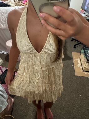 SHEIN Champagne Sequin Halter Tiered Mini Dress